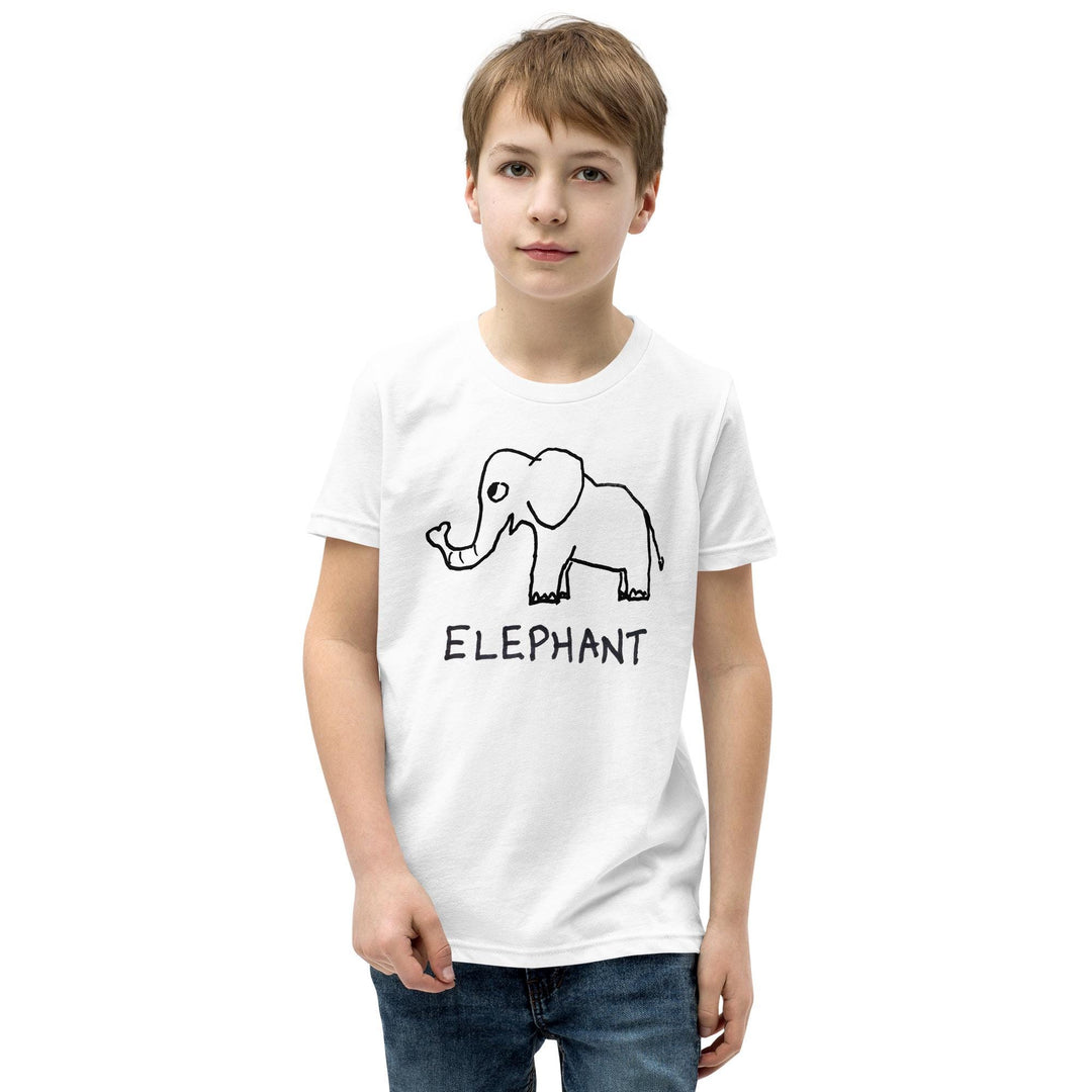 Boy wearing a white kids t-shirt with a simple hand drawn elephant graphic and &