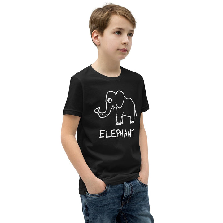 Young boy wearing a black kids t-shirt with a simple hand drawn elephant graphic and &