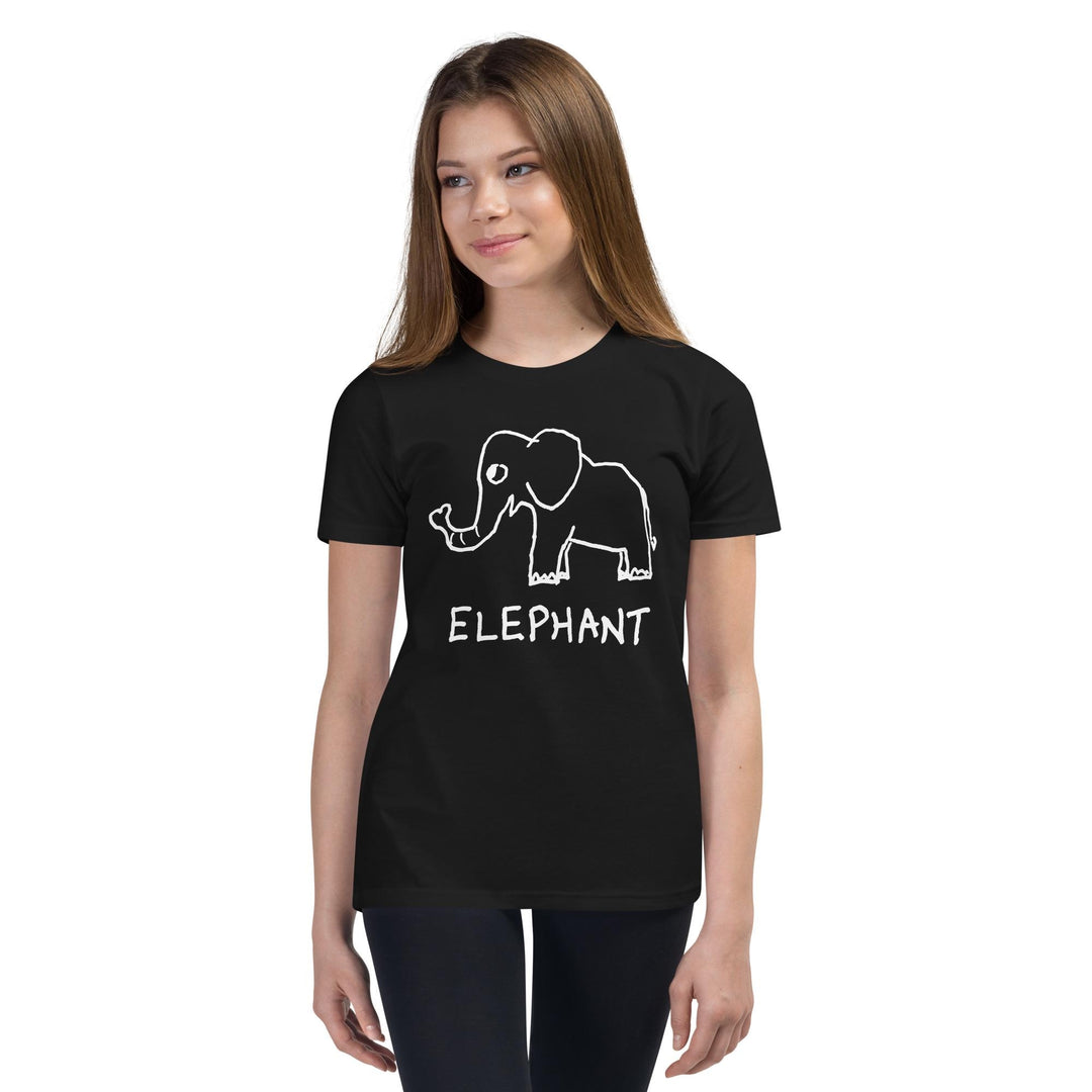 Smiling girl wearing a black kids t-shirt with a simple hand drawn elephant graphic and &