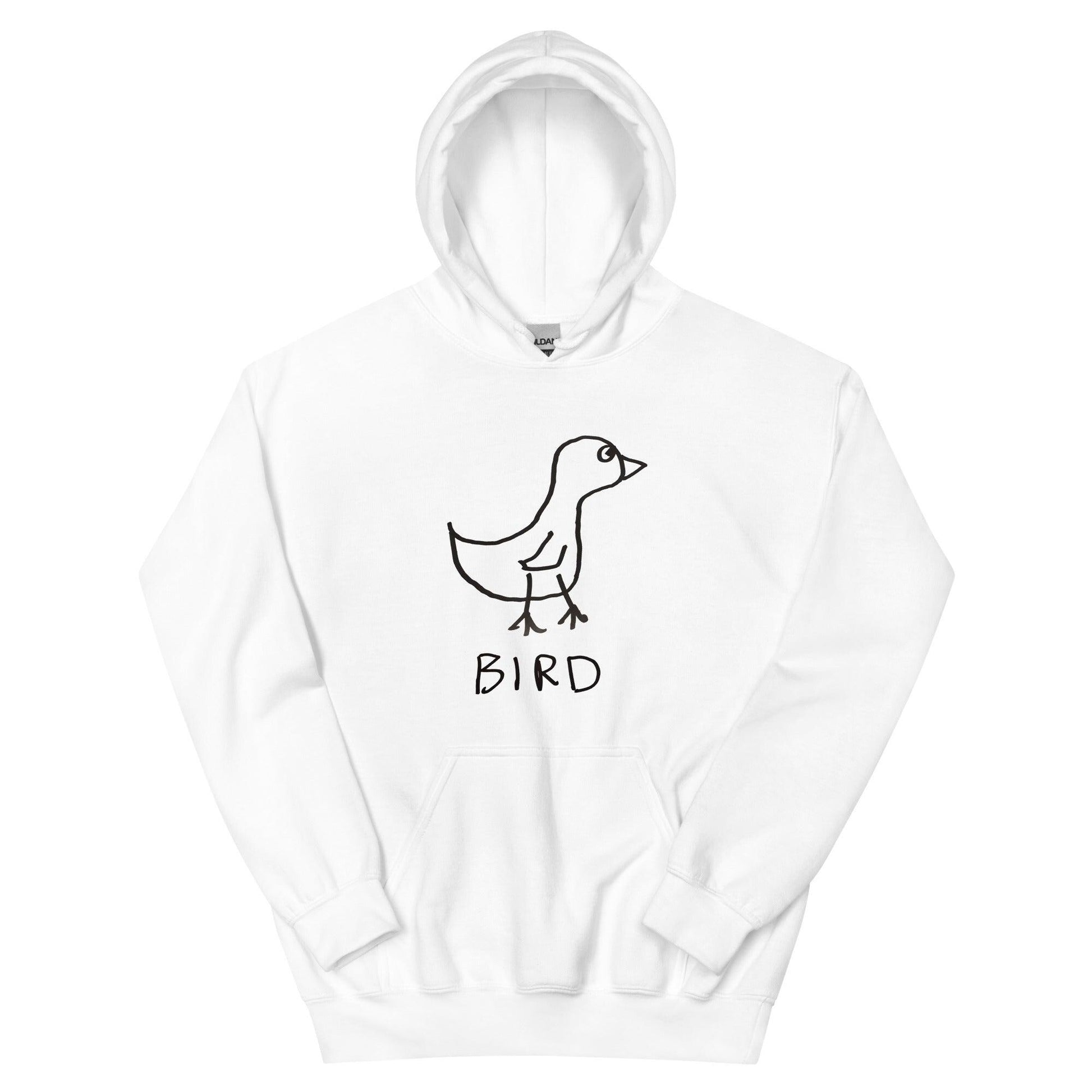 White hooded pullover sweatshirt featuring a crude marker drawing of a bird with the word "Bird" underneath