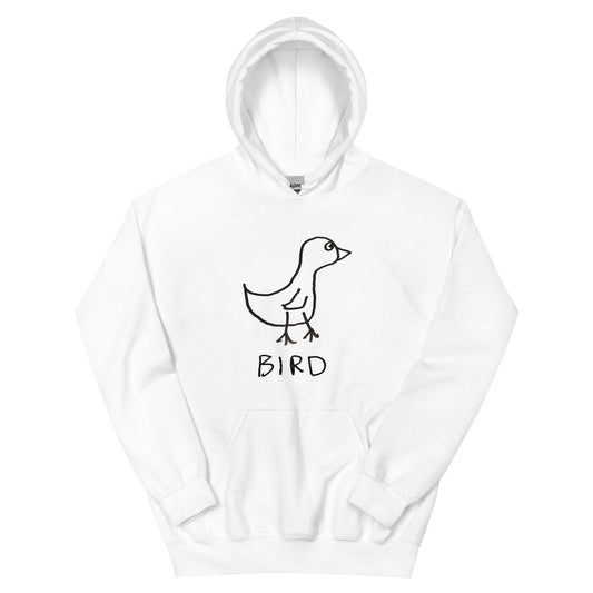 White hooded pullover sweatshirt featuring a crude marker drawing of a bird with the word "Bird" underneath