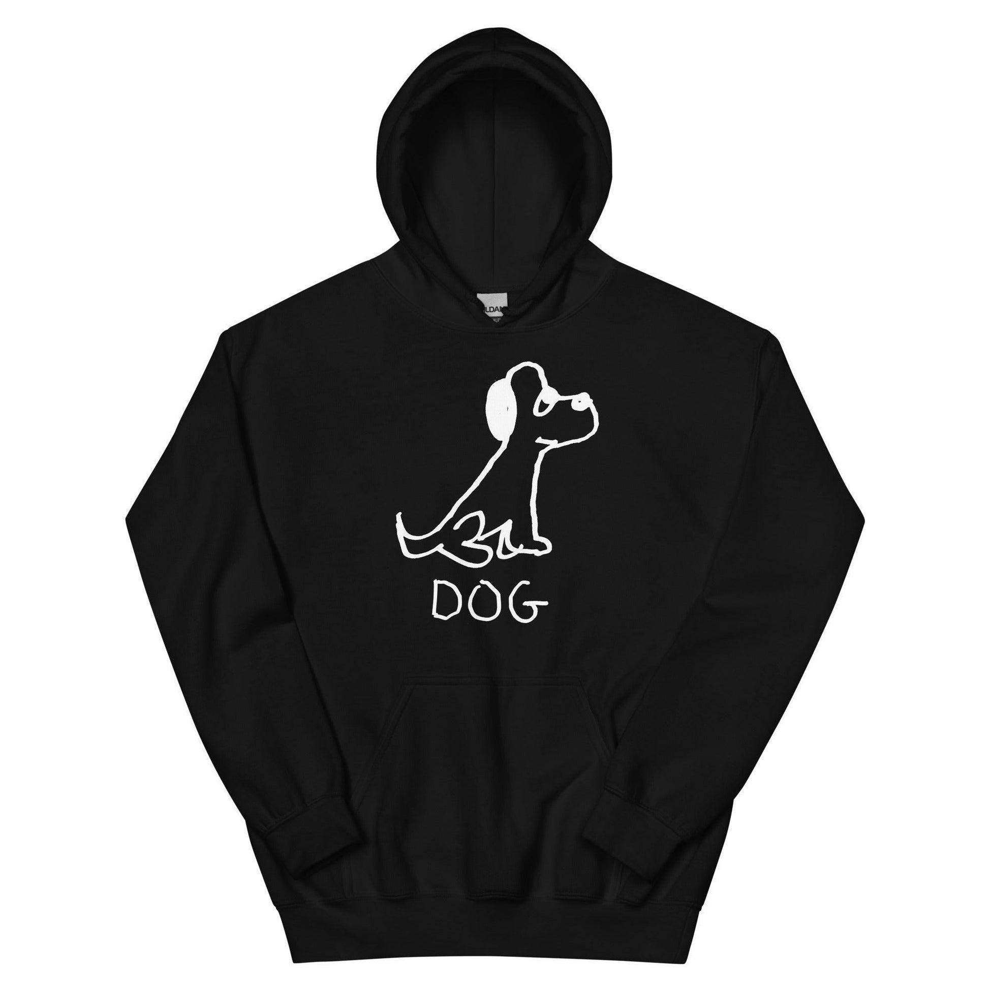Mockup of black pullover hoodie featuring a crude marker black and white marker drawing of a cute dog with the word "DOG" handwritten underneath