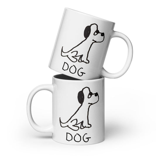 two white coffee mugs stacked both  featuring a crude marker black and white marker drawing of a cute dog with the word "DOG" handwritten underneath