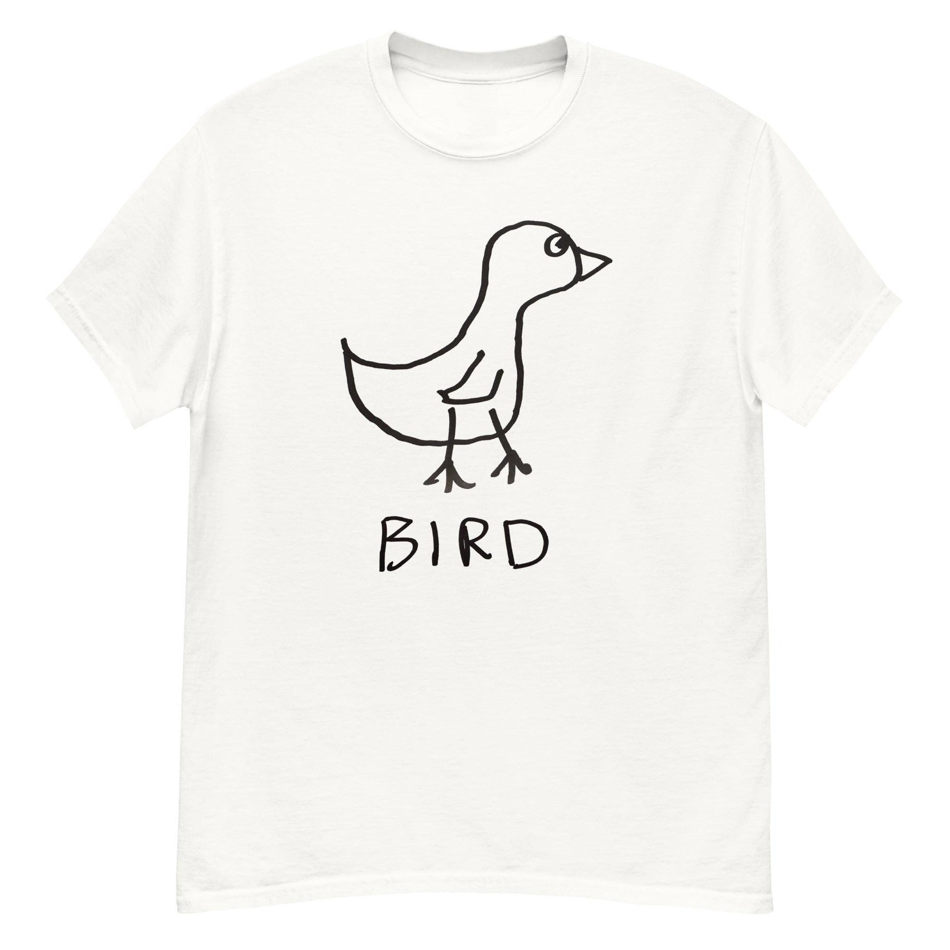 a white classic tee shirt  featuring a crude marker drawing of a bird with the word "Bird" underneath