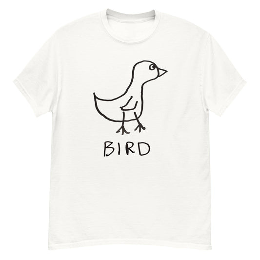a white classic tee shirt  featuring a crude marker drawing of a bird with the word "Bird" underneath