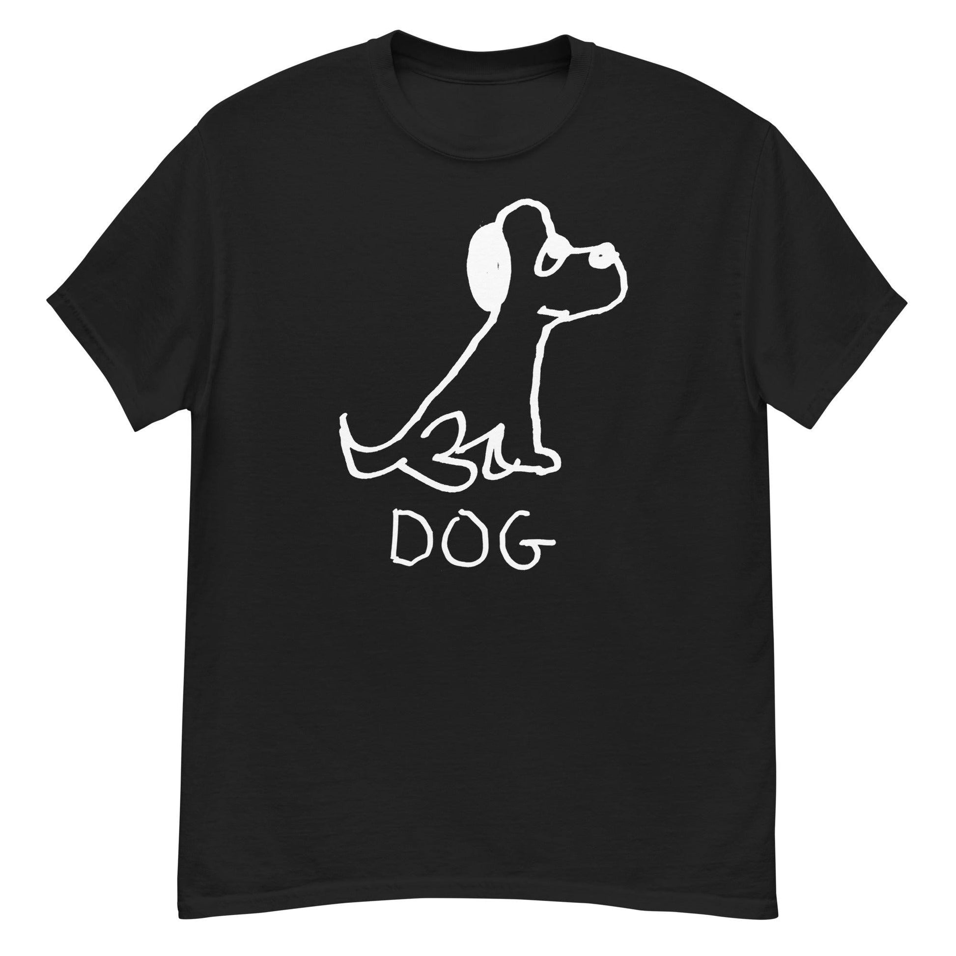 classic black t-shirt  featuring a crude marker black and white marker drawing of a cute dog with the word "DOG" handwritten underneath