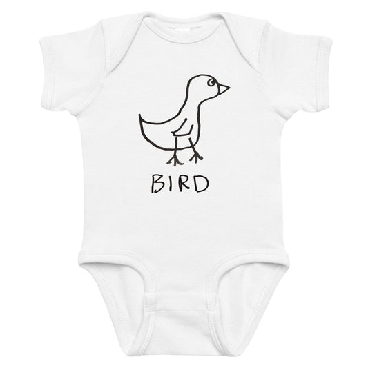 a white baby onesie featuring a crude marker drawing of a bird with the word "Bird" underneath