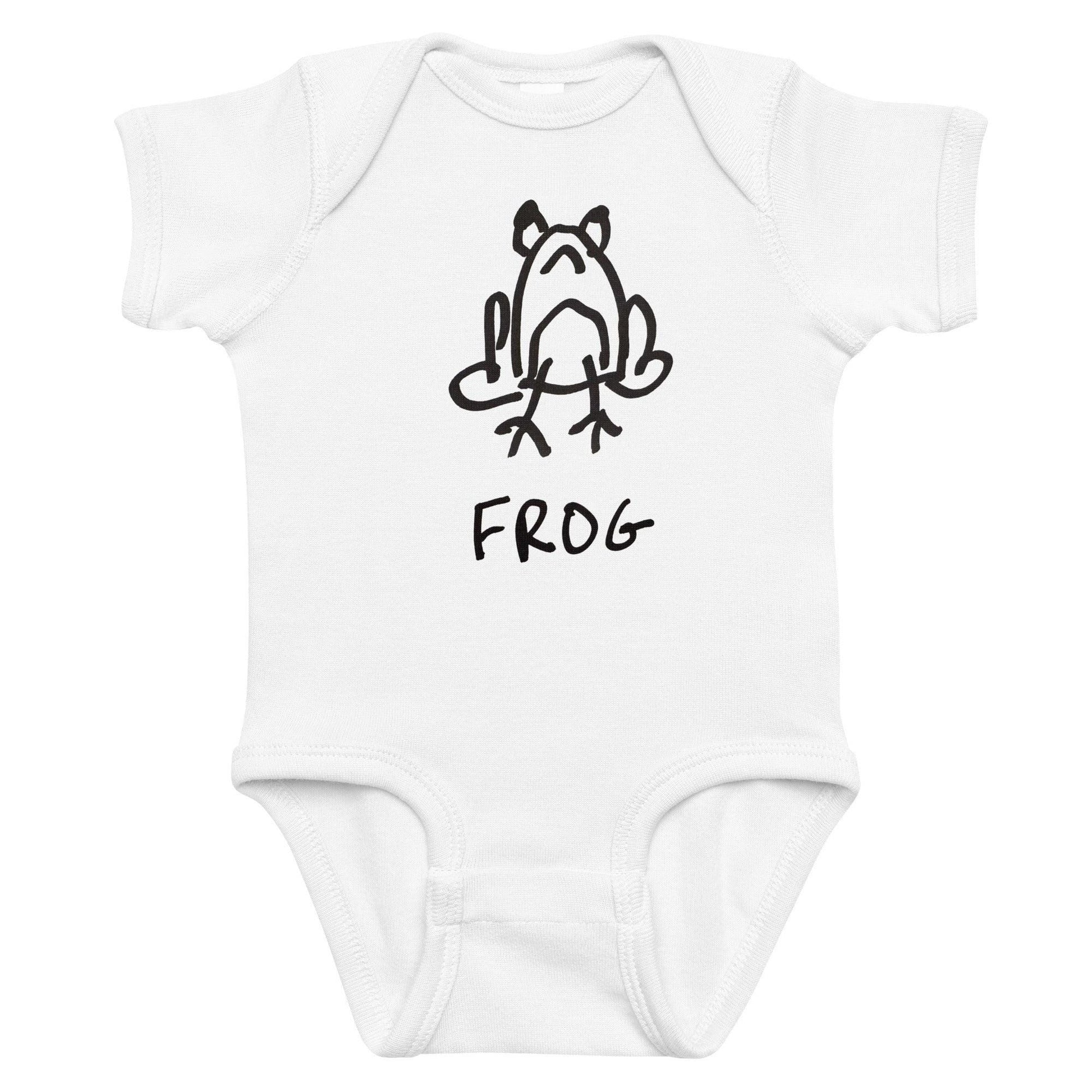 mockup of white baby onesie featuring a crude but cute black and white marker marker drawing of a cute frog with the word “FROG” handwritten underneath