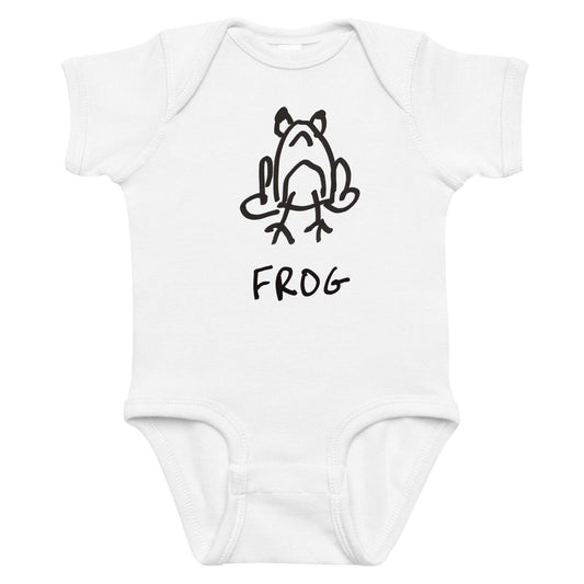 mockup of white baby onesie featuring a crude but cute black and white marker marker drawing of a cute frog with the word “FROG” handwritten underneath