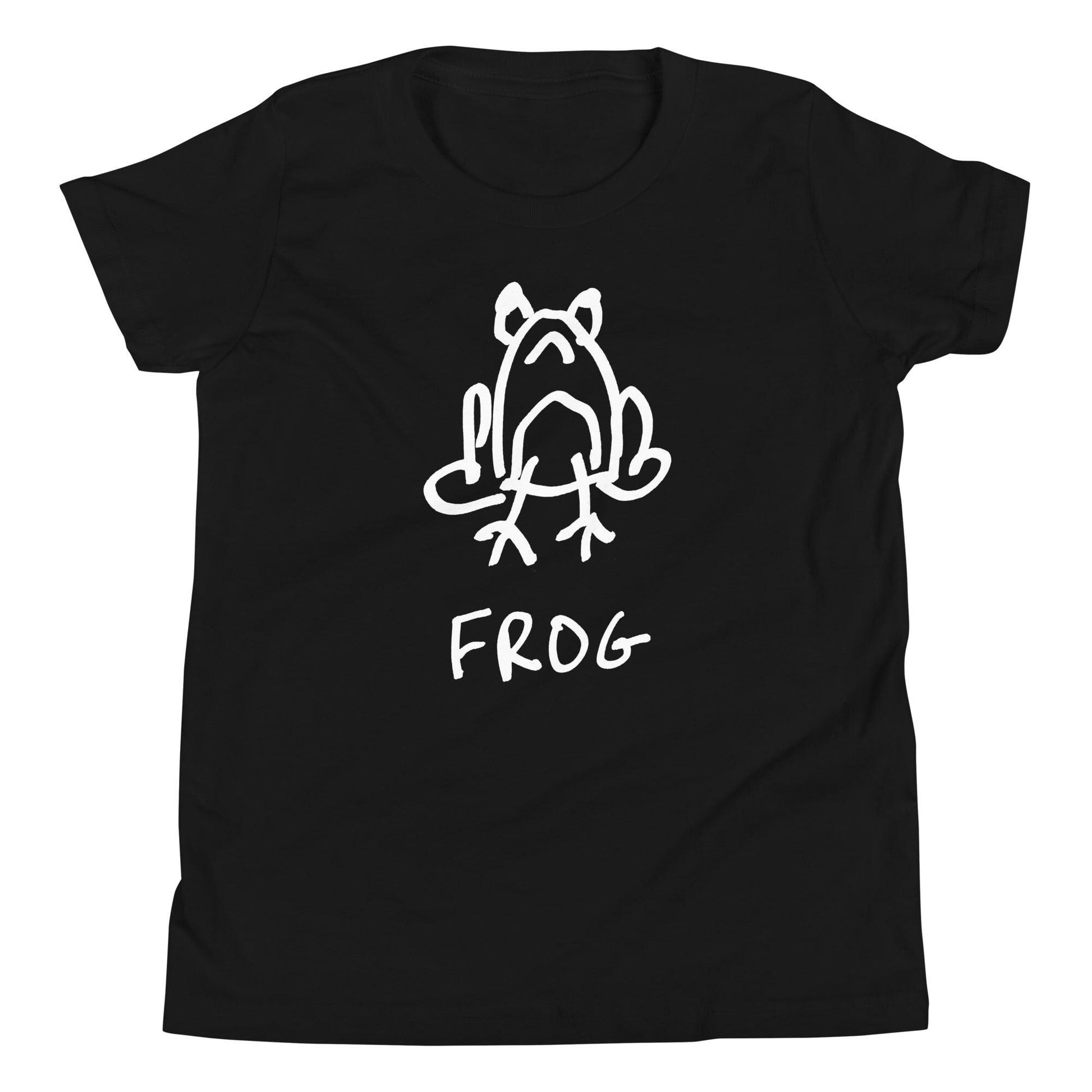 Mockup of kids' black t-shirt featuring a crude but cute black and white marker marker drawing of a cute frog with the word “FROG” handwritten underneath
