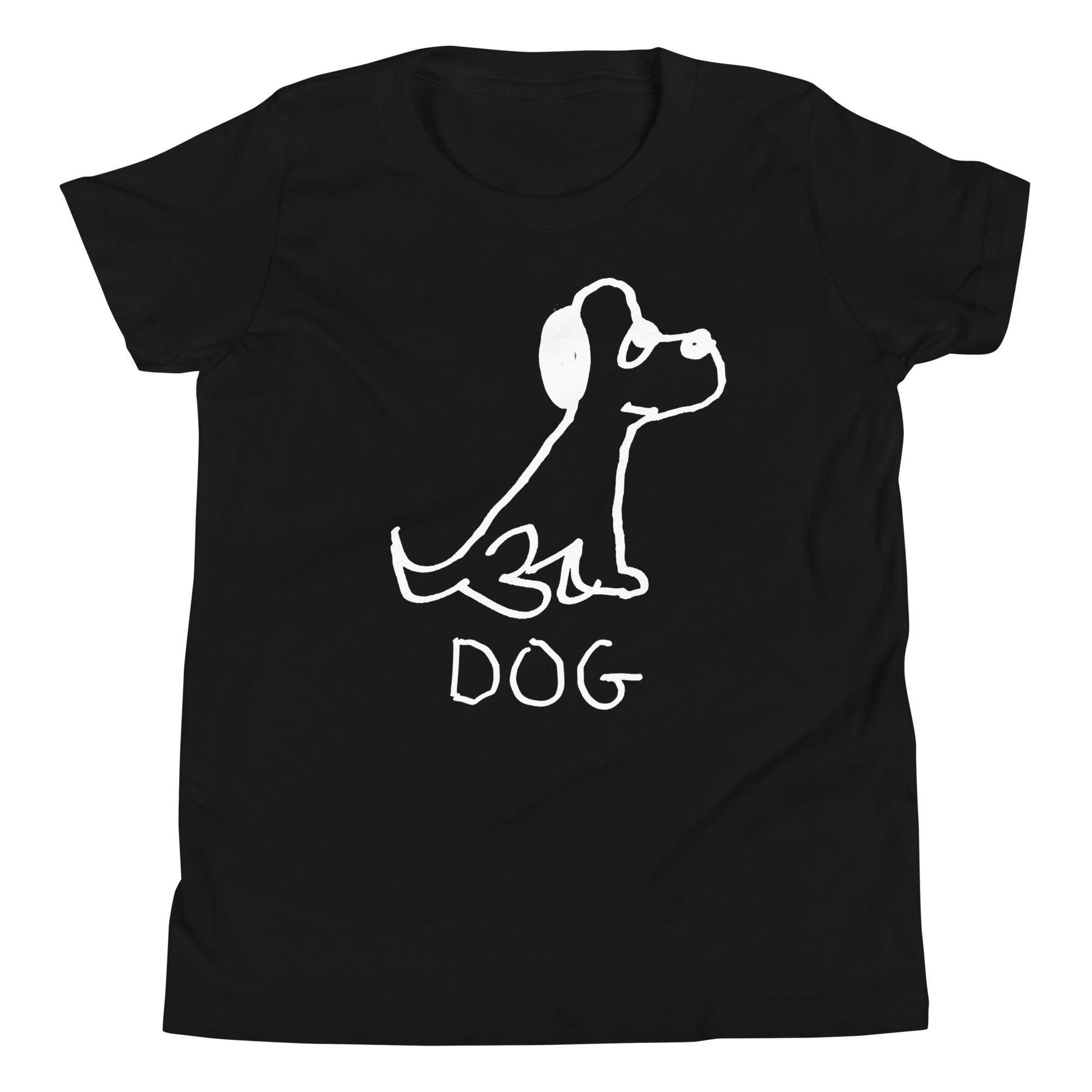 mockup of black kids' t-shirt featuring a crude marker black and white marker drawing of a cute dog with the word "DOG" handwritten underneath