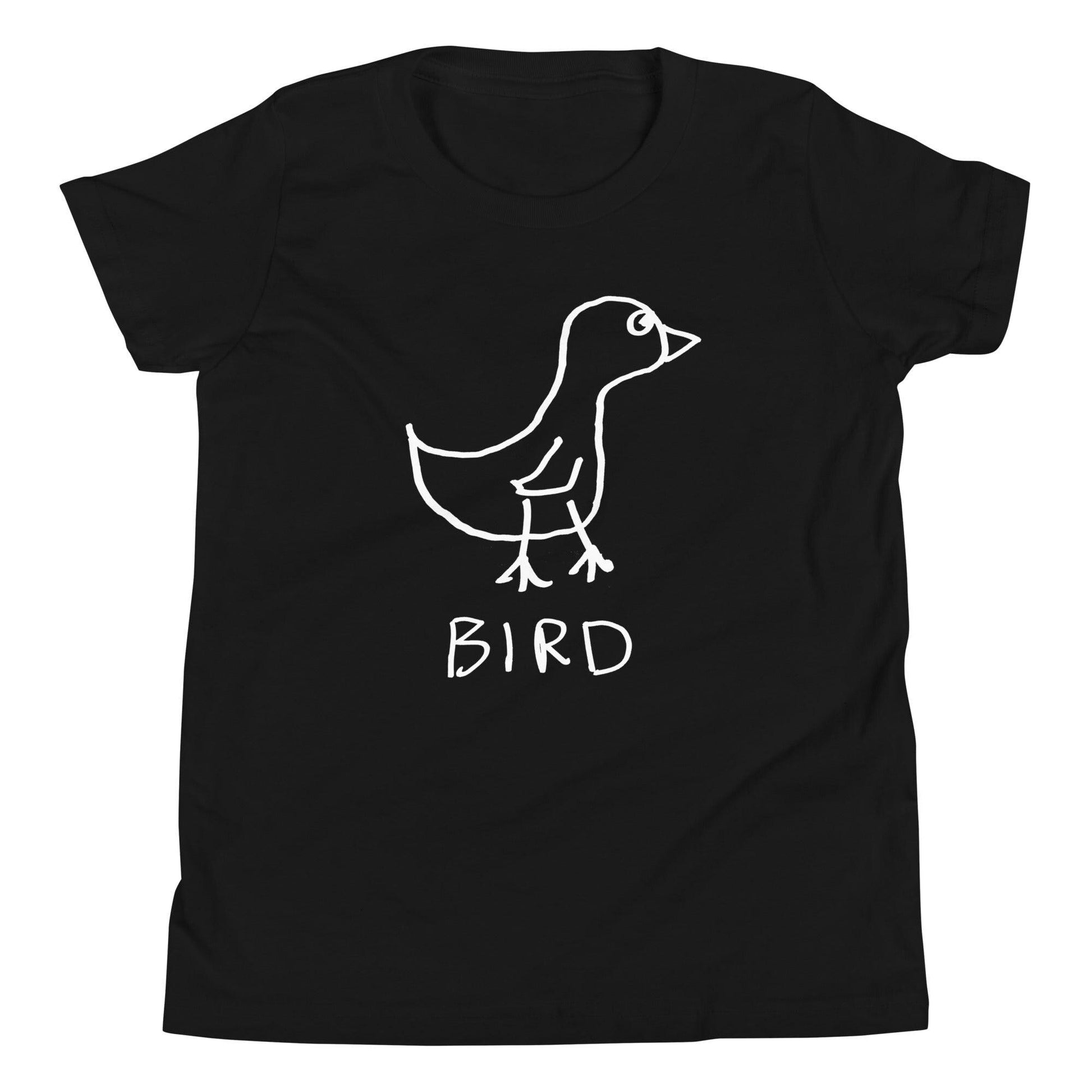Black kids' t-shirt mockup,  featuing a crude but cute marker drawing of a bird with the word "Bird" underneath