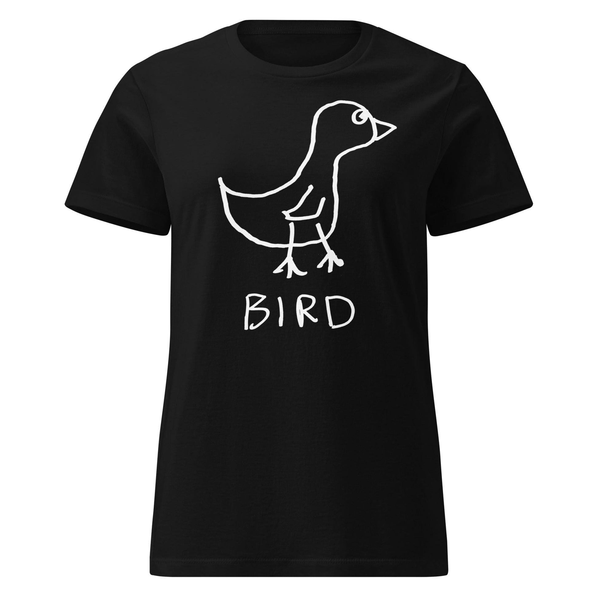 A black women's fitted t-shirt featuring crudely drawn black marker drawing of a bird with the word "Bird" underneath.