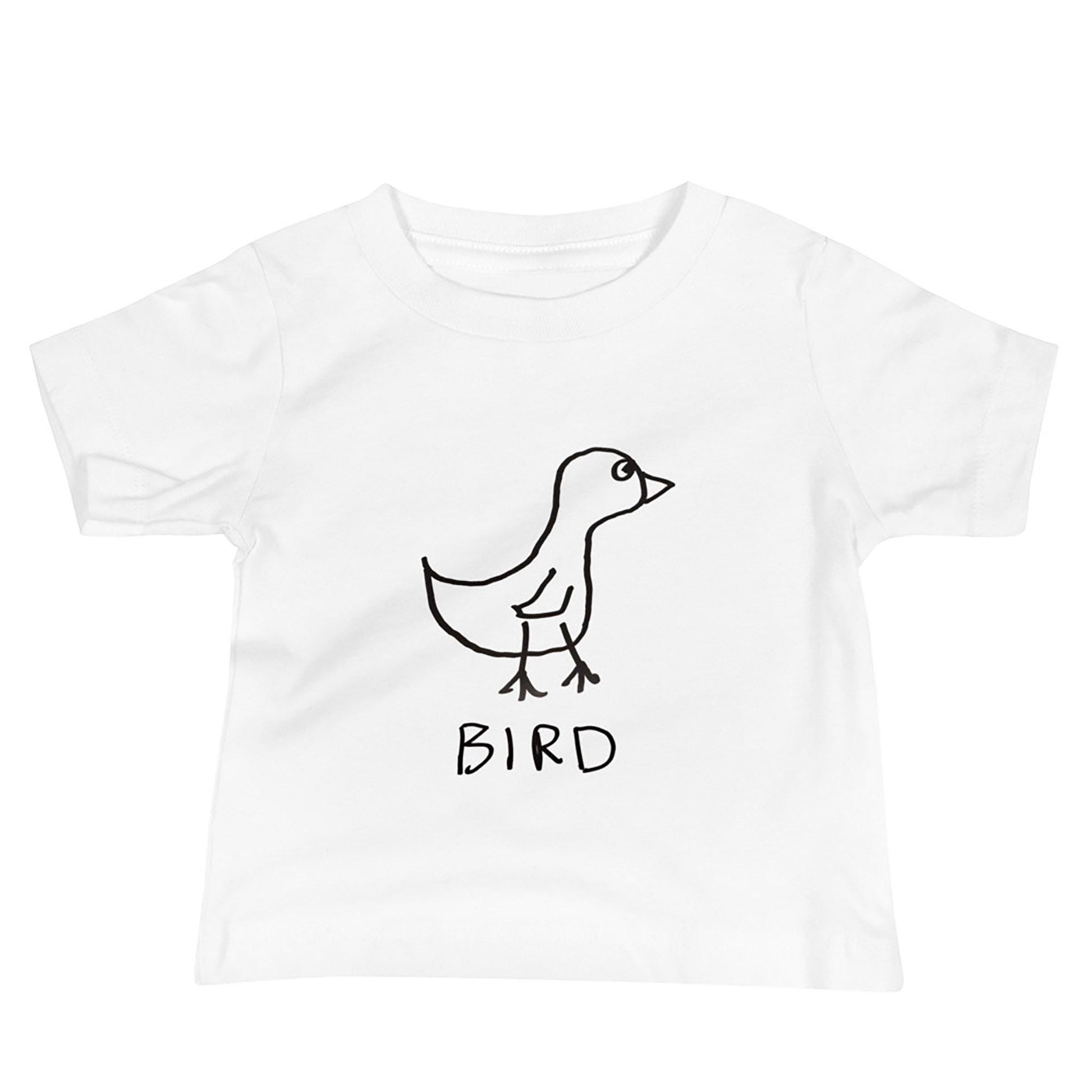 White toddler sized t-shirt with a black outline of a bird and the word 'BIRD' on a white background