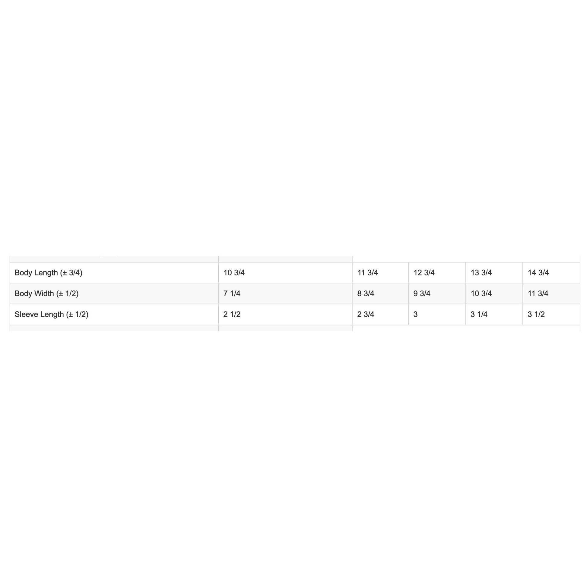 Measurement chart for clothing sizes with labeled dimensions on a white background