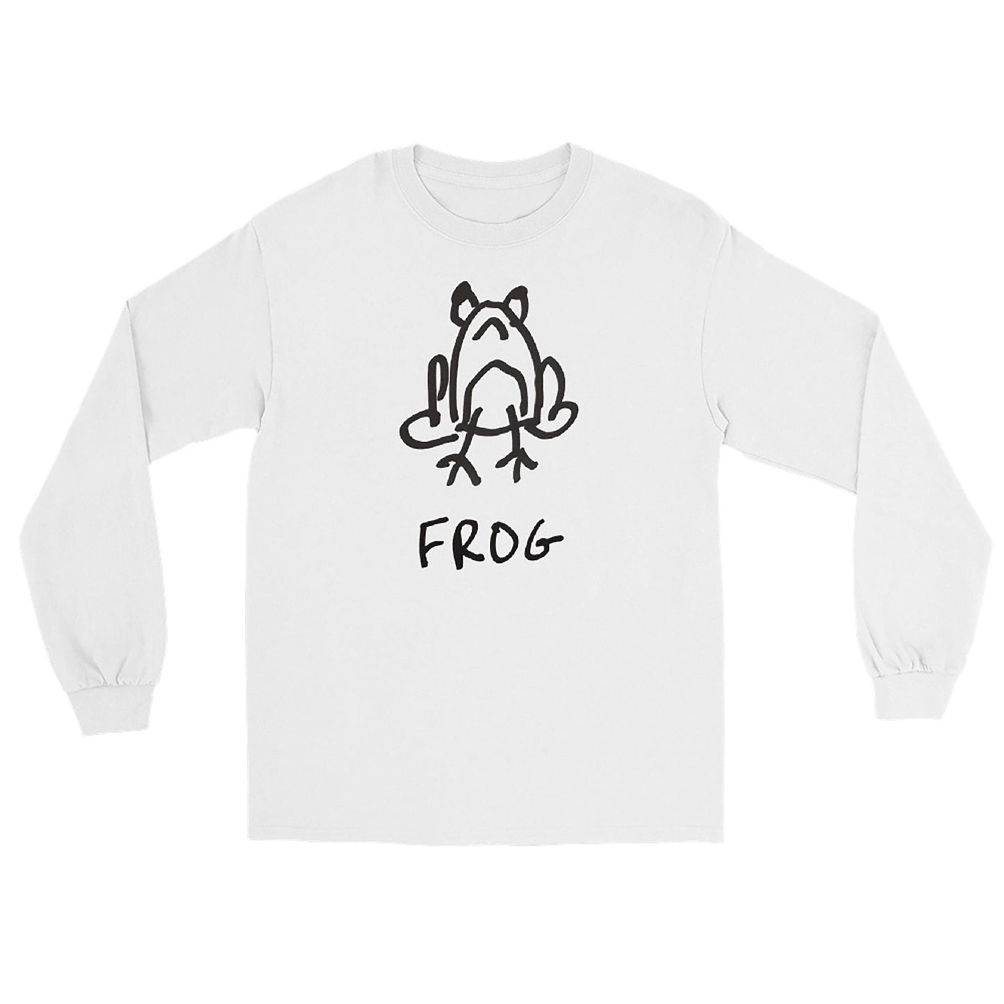 White long-sleeve shirt featuring a crude but cute black and white marker marker drawing of a cute frog with the word “FROG” handwritten underneath on a white background