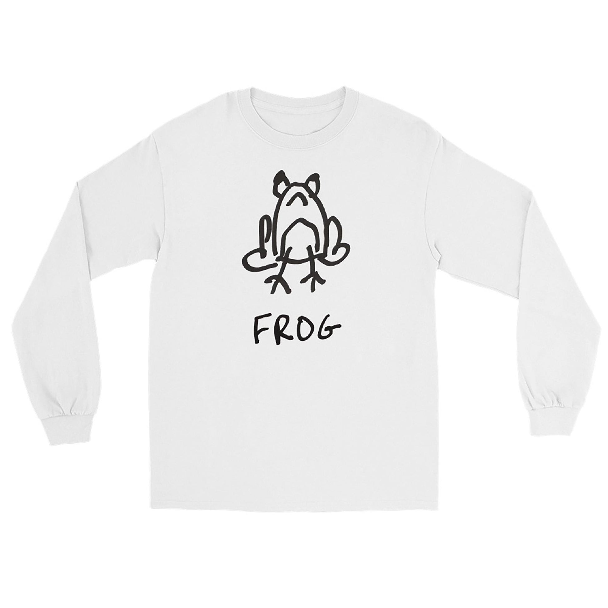 White long-sleeve shirt featuring a crude but cute black and white marker marker drawing of a cute frog with the word “FROG” handwritten underneath on a white background