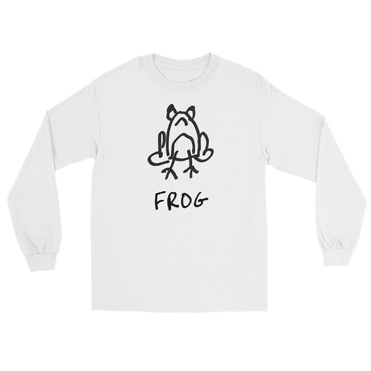 White long-sleeve shirt featuring a crude but cute black and white marker marker drawing of a cute frog with the word “FROG” handwritten underneath on a white background
