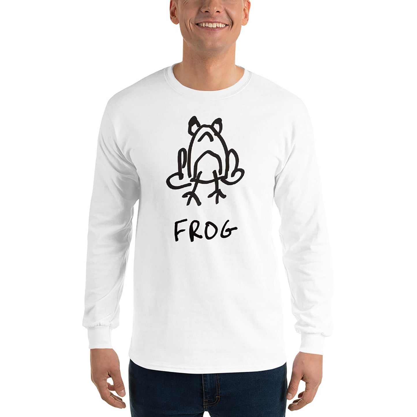 Person wearing a white long-sleeve shirt featuring a crude but cute black and white marker marker drawing of a cute frog with the word “FROG” handwritten underneath on a white background