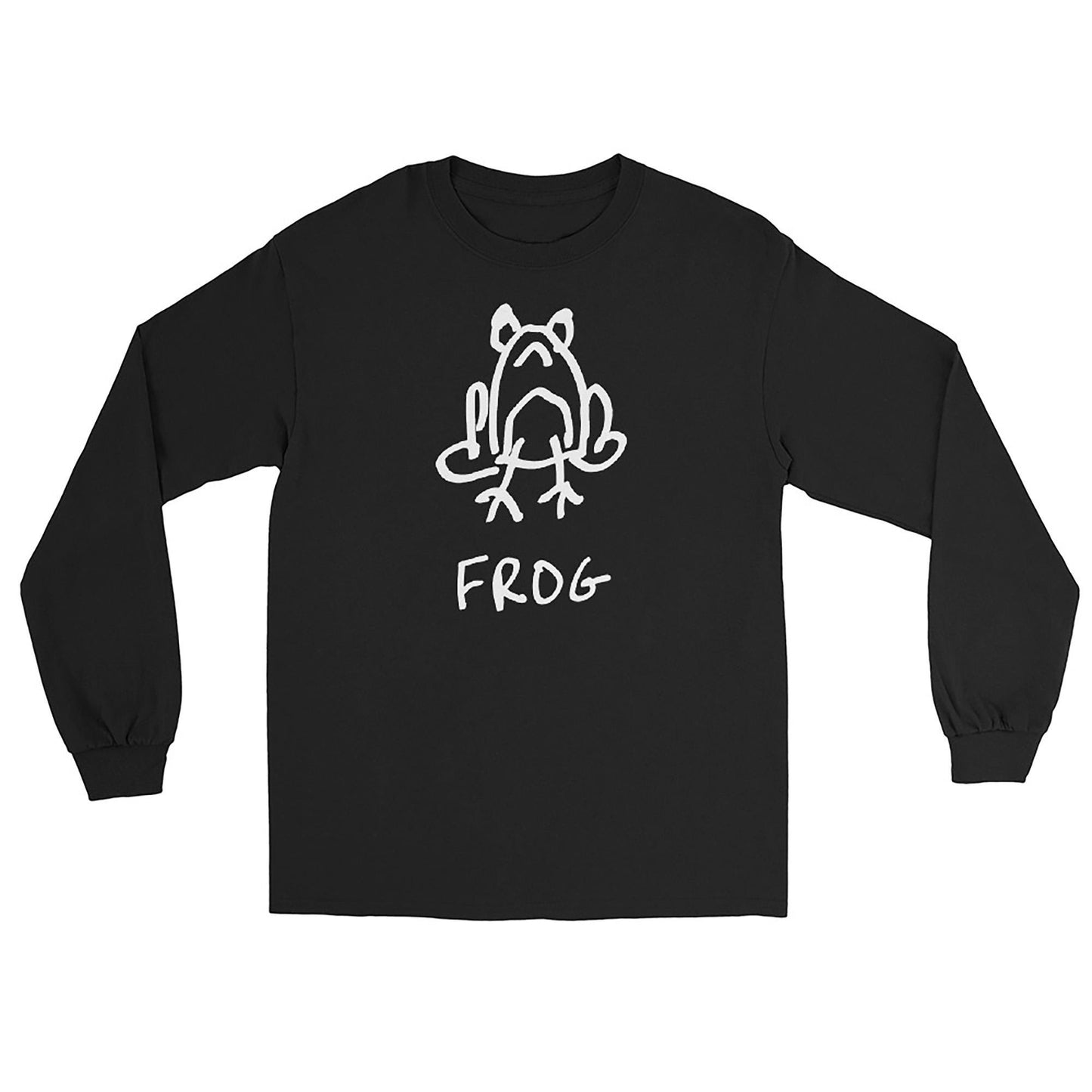 Black long-sleeve shirt featuring a crude but cute black and white marker marker drawing of a cute frog with the word “FROG” handwritten underneath on a white background