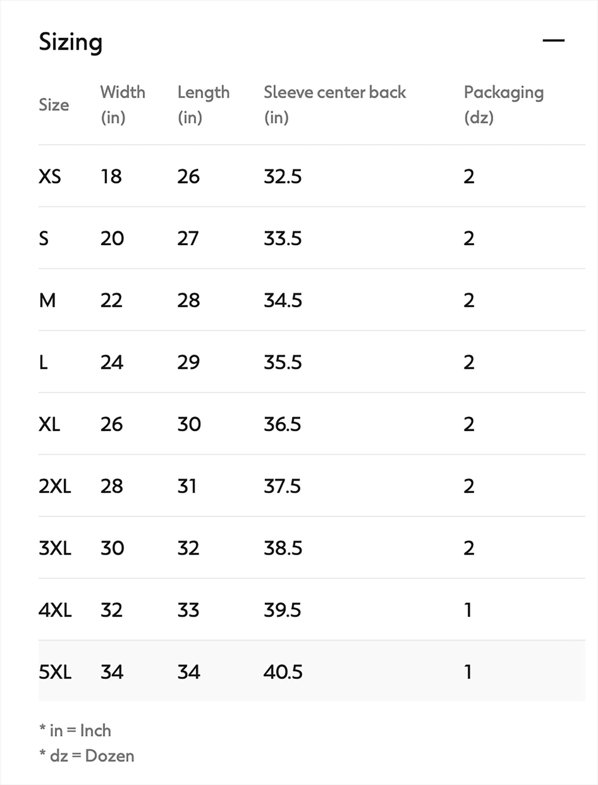 Sizing chart for clothing with dimensions and packaging quantities.