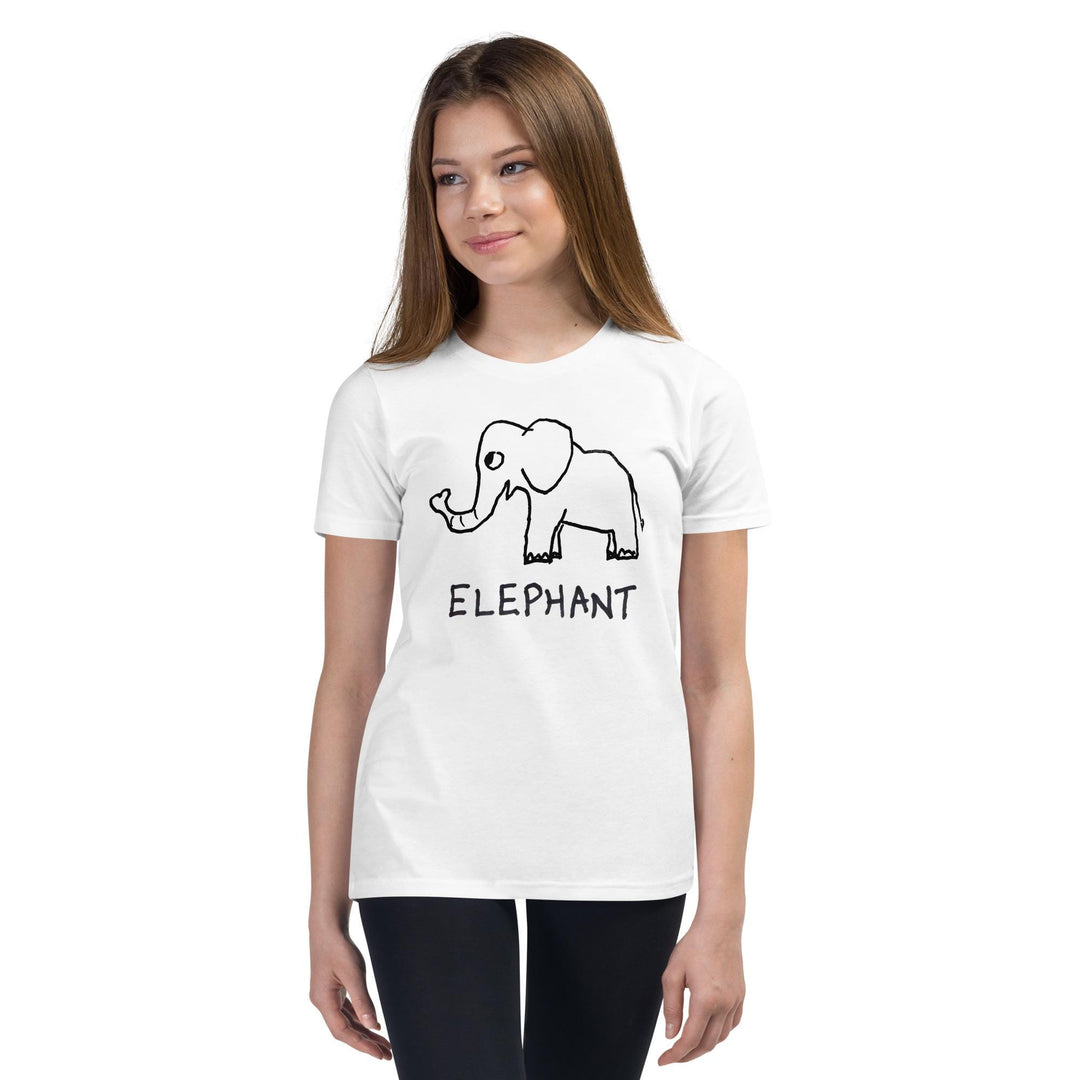 Smiling girl wearing a white kids t-shirt with a simple hand drawn elephant graphic and &
