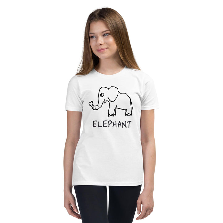 Smiling girl wearing a white kids t-shirt with a simple hand drawn elephant graphic and &