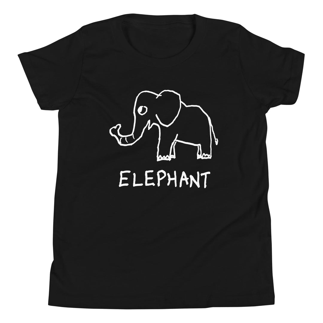 a black kids t-shirt with a simple hand drawn elephant graphic and &