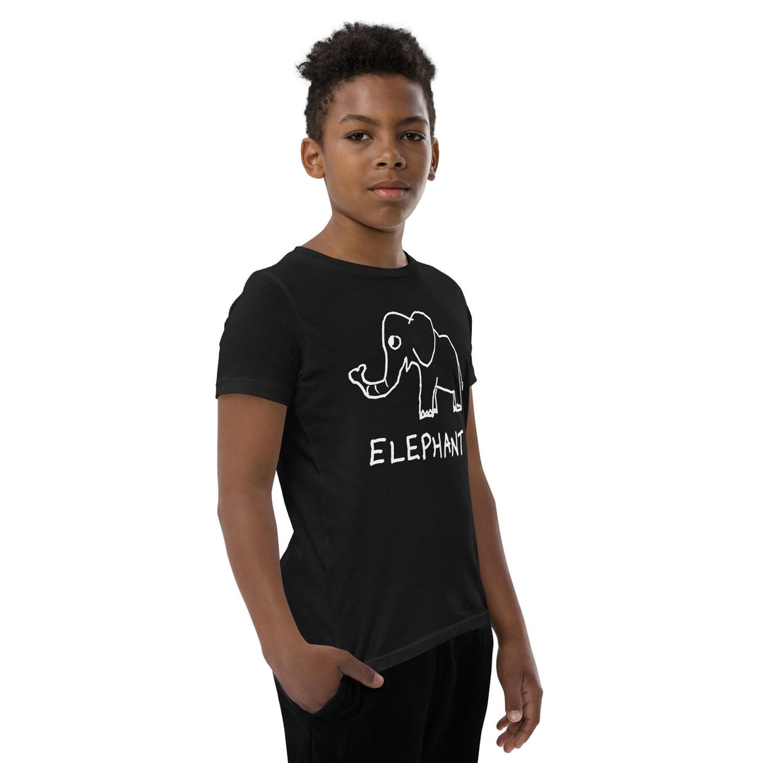 Confident boy wearing a black kids t-shirt with a simple hand drawn elephant graphic and &