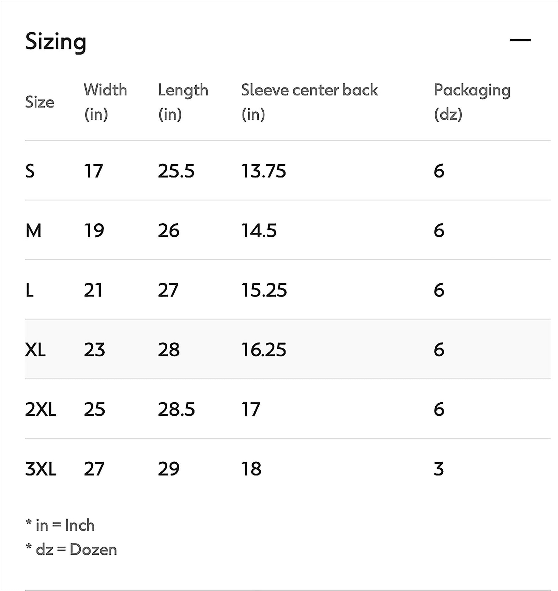 Sizing chart for clothing with dimensions and packaging quantities.