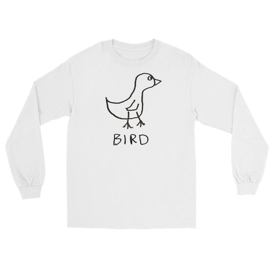 White long-sleeve shirt  featuring a crude marker drawing of a bird with the word "Bird" underneath