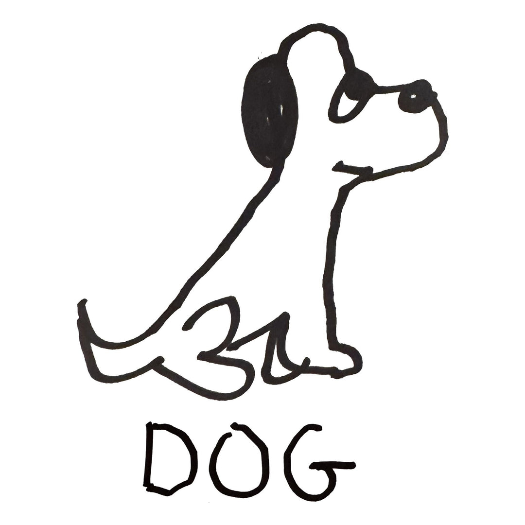  a crude marker black and white marker drawing of a cute dog with the word "DOG" handwritten underneath