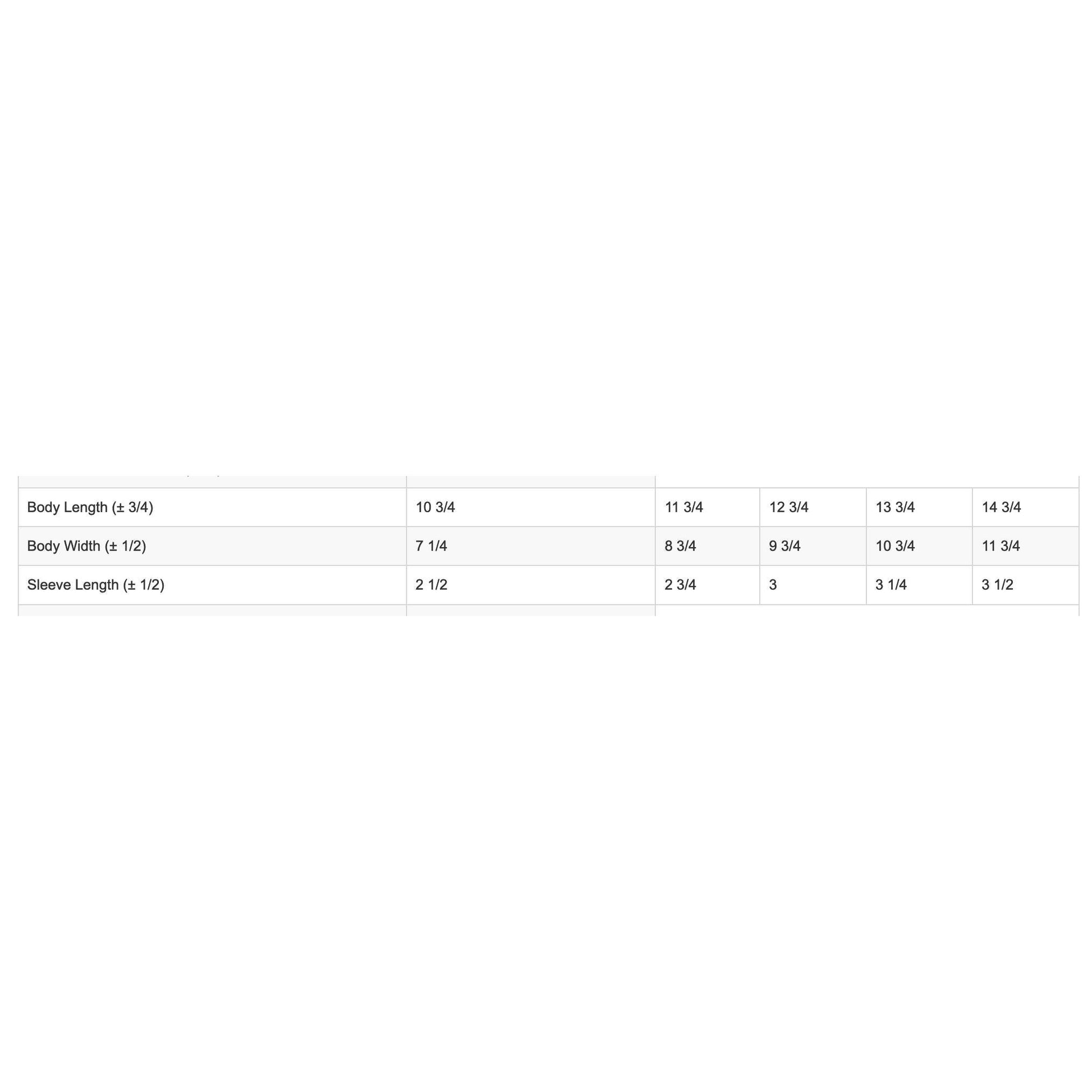 Measurement chart for clothing sizes with dimensions listed.