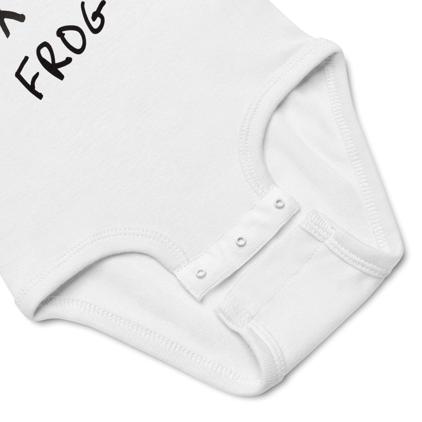 White baby onesie with 'FROG' text on a light gray background