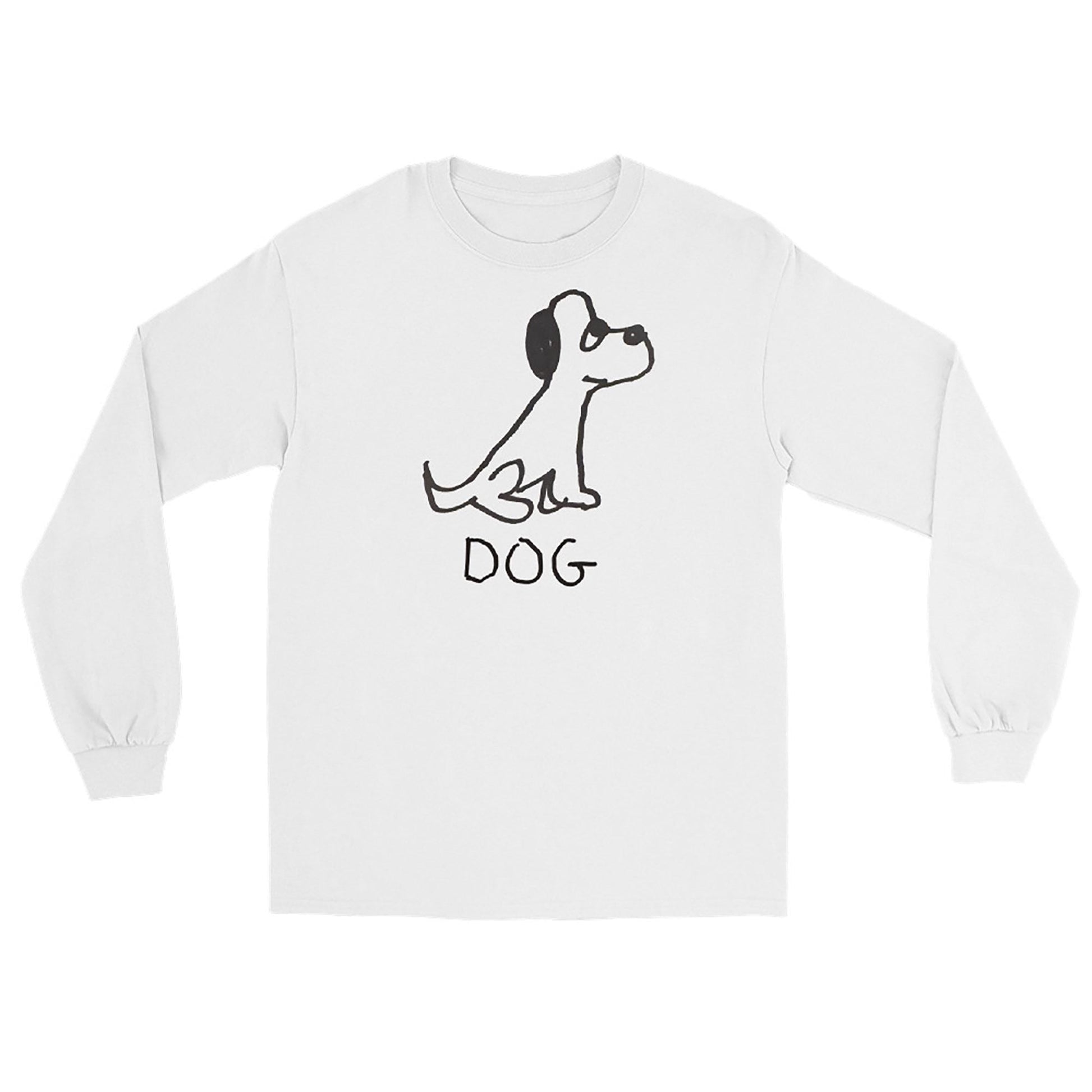 White long-sleeve shirt featuring a crude marker black and white marker drawing of a cute dog with the word "DOG" handwritten underneath