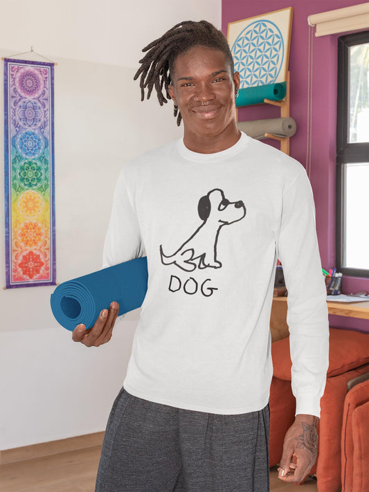 Man with yoga mat wearing a white long sleeve t-shirt featuring a crude marker black and white marker drawing of a cute dog with the word "DOG" handwritten underneath