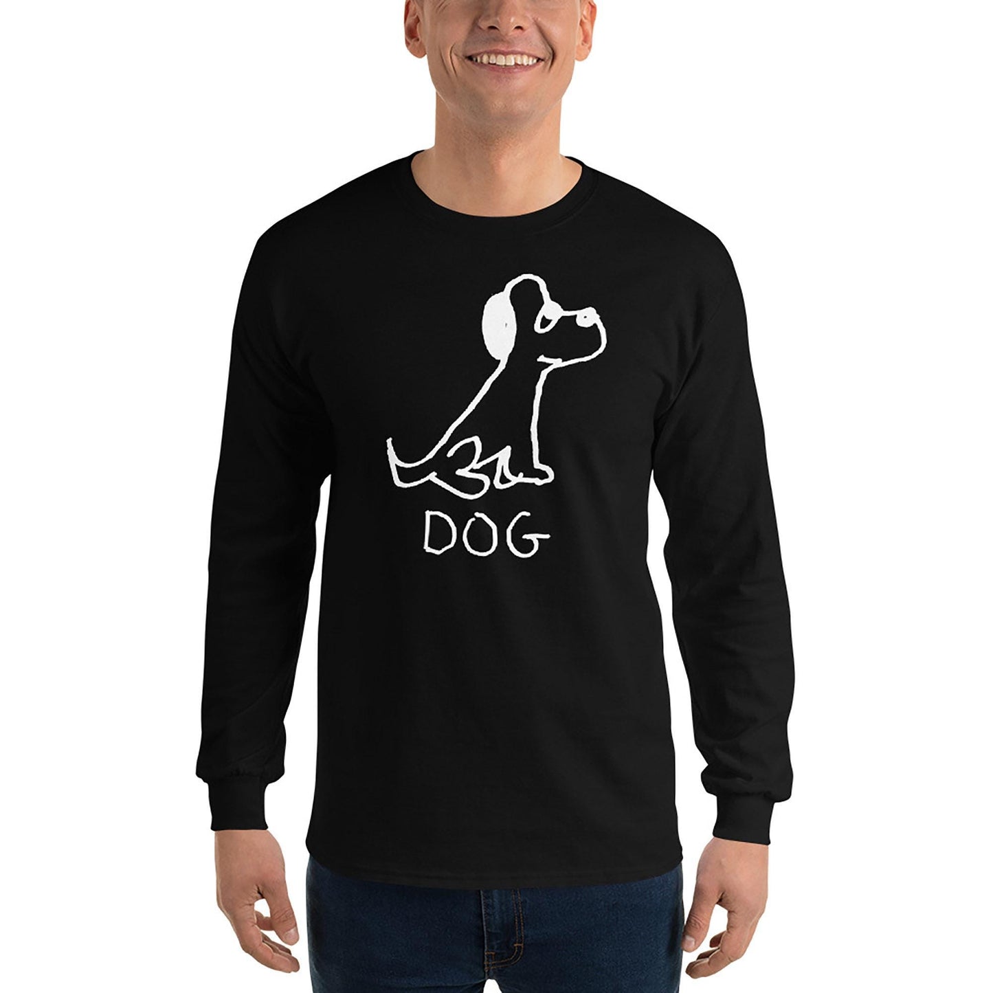 young man on white background wearing a black long sleeve t-shirt White Long sleeve tee featuring a crude marker black and white marker drawing of a cute dog with the word "DOG" handwritten underneath on a polka dot background. 