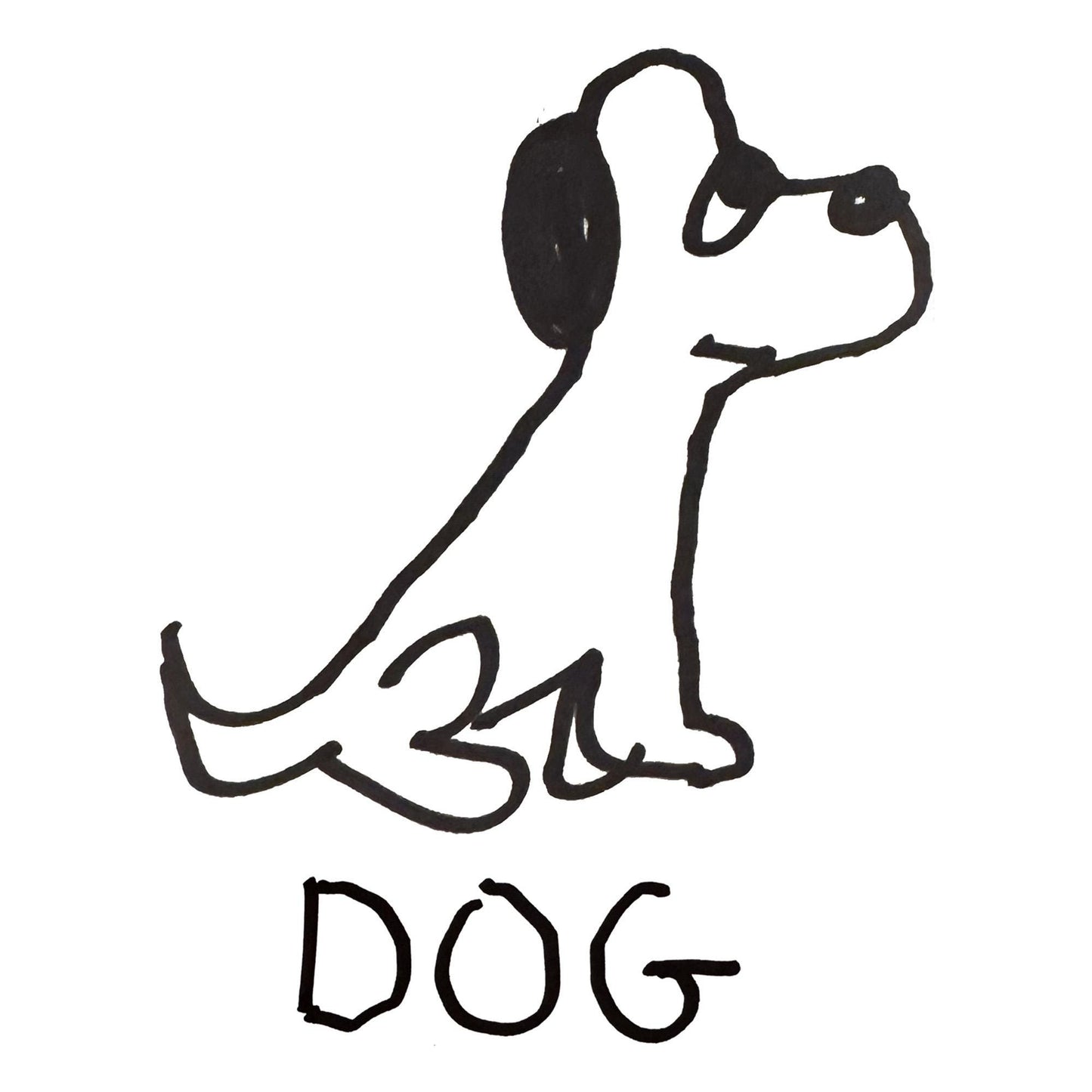 a crude marker black and white marker drawing of a cute dog with the word "DOG" handwritten underneath