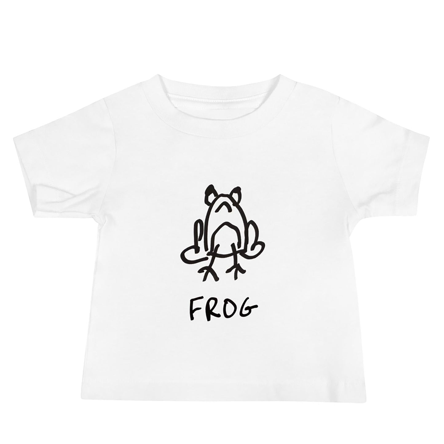 mockup of white toddler t-shirt featuring a crude but cute black and white marker marker drawing of a cute frog with the word “FROG” handwritten underneath