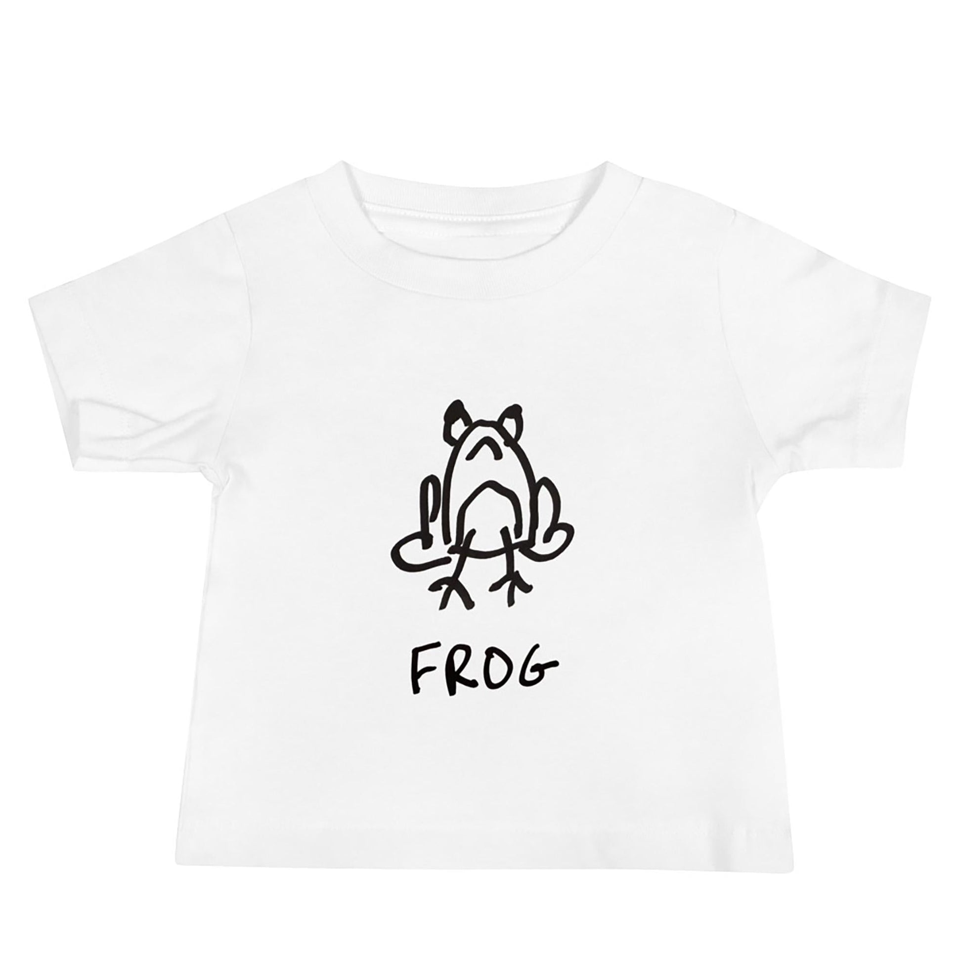 mockup of white toddler t-shirt featuring a crude but cute black and white marker marker drawing of a cute frog with the word “FROG” handwritten underneath