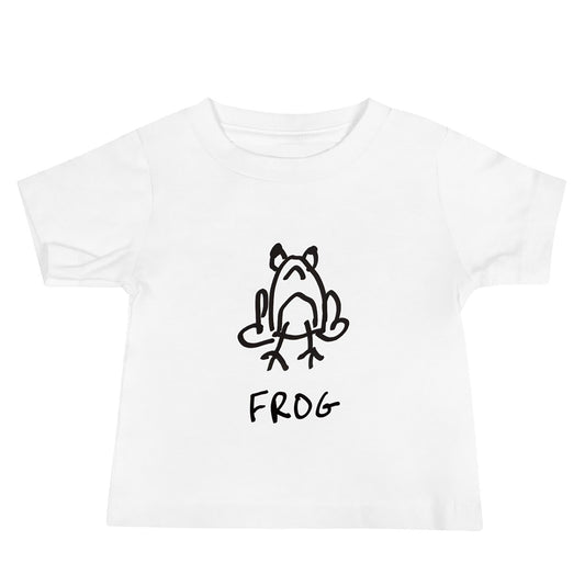 mockup of white toddler t-shirt featuring a crude but cute black and white marker marker drawing of a cute frog with the word “FROG” handwritten underneath