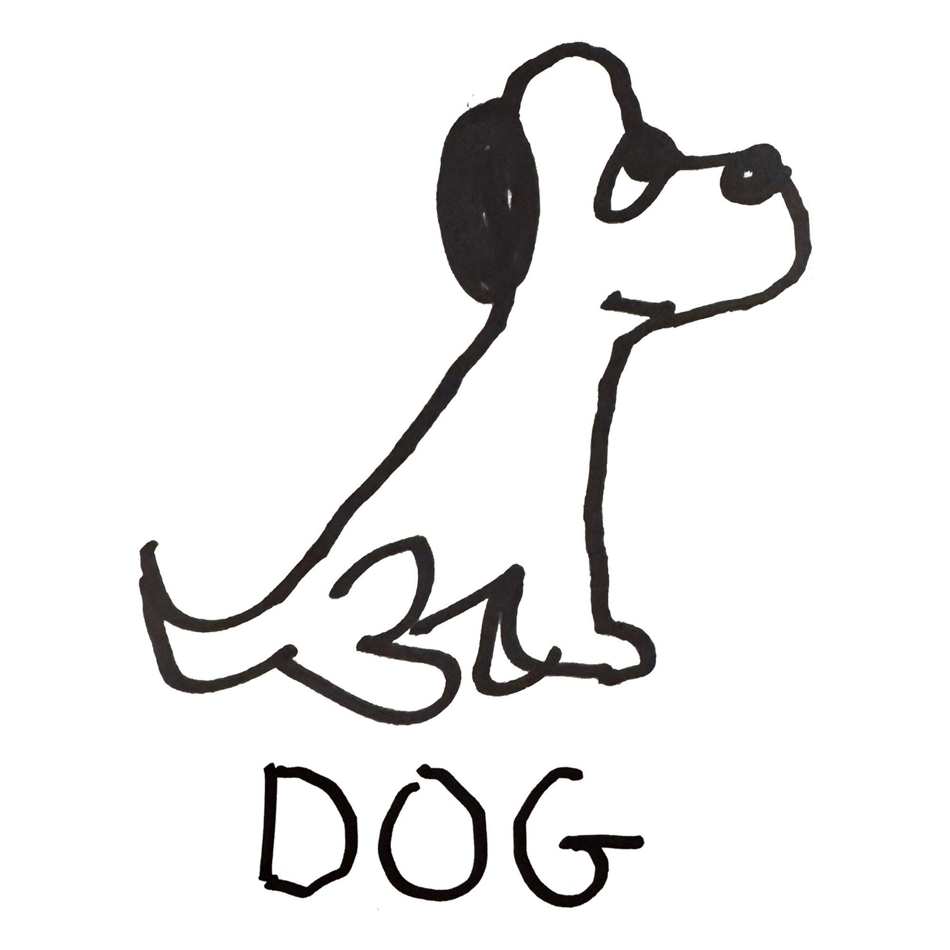  a crude but cute black and white marker marker drawing of a cute dog with the word "DOG" handwritten underneath