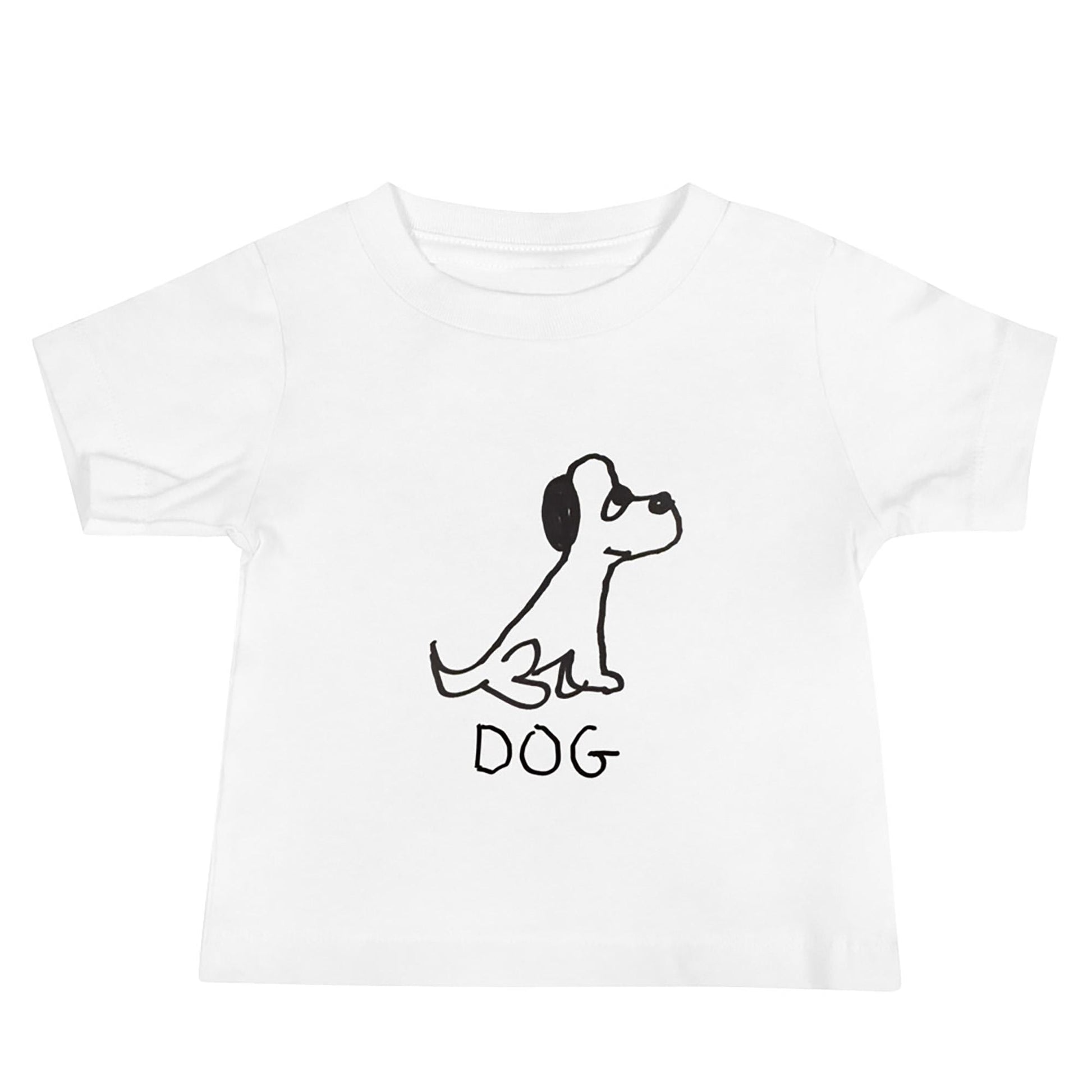 white toddler t-shirt featuring a crude but cute black and white marker marker drawing of a cute dog with the word "DOG" handwritten underneath
