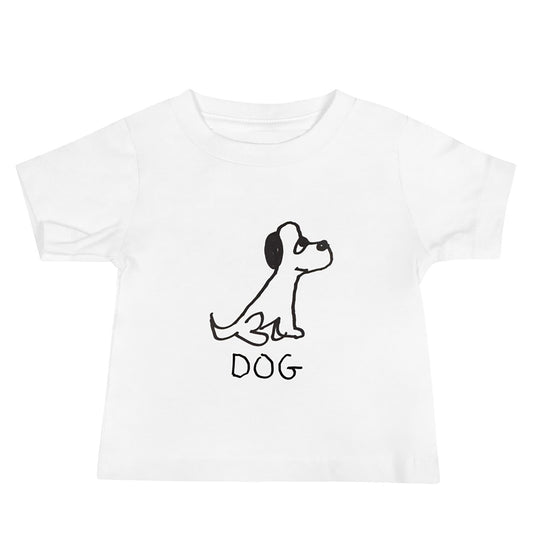 white toddler t-shirt featuring a crude but cute black and white marker marker drawing of a cute dog with the word "DOG" handwritten underneath