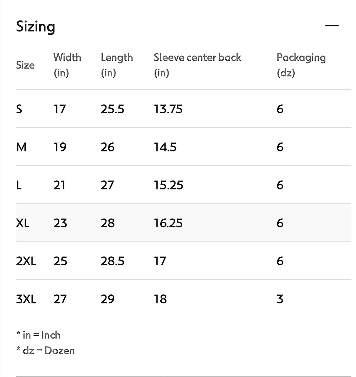 Sizing chart for clothing with dimensions and packaging quantities.