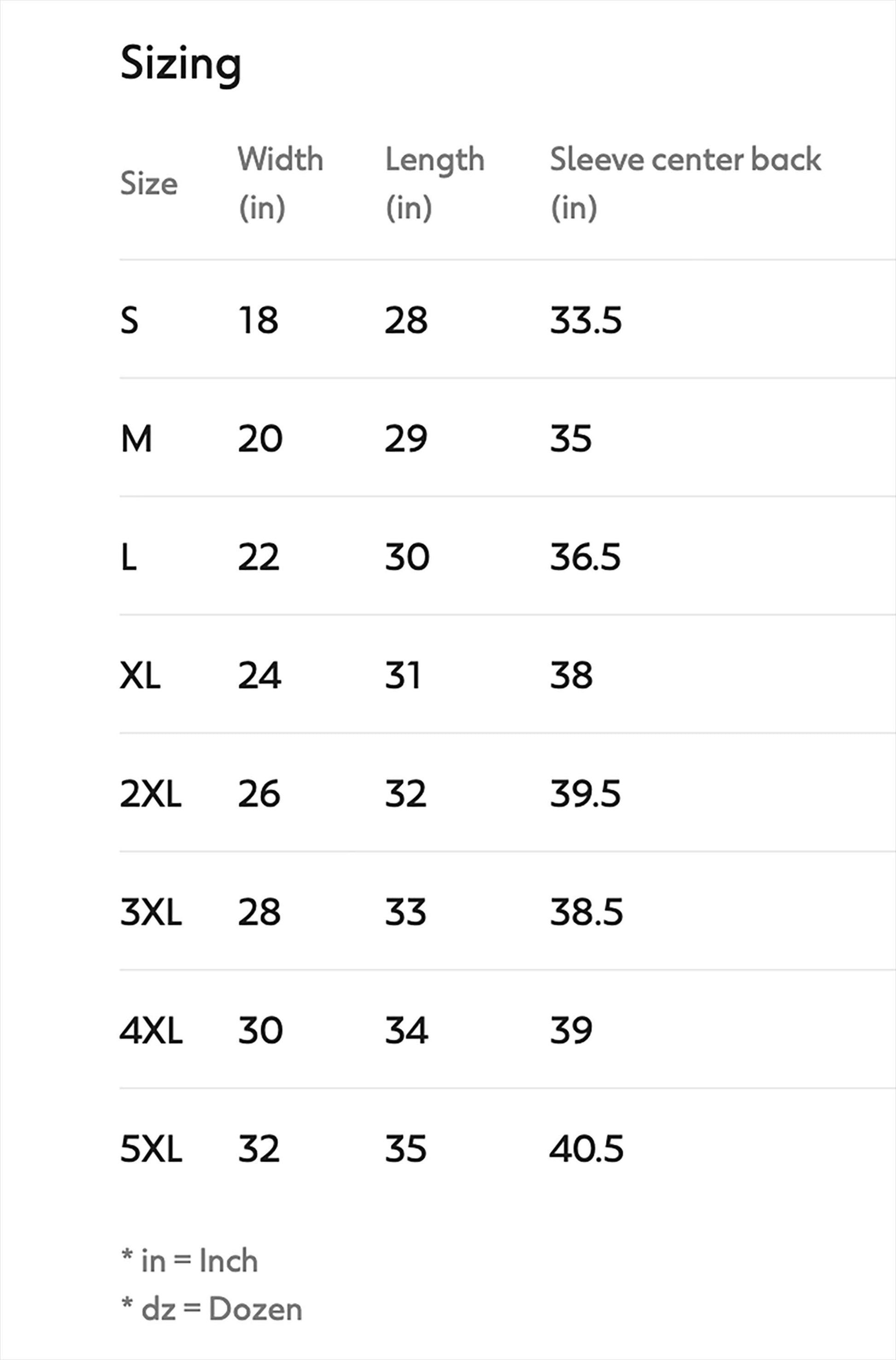 Sizing chart for clothing with dimensions in inches