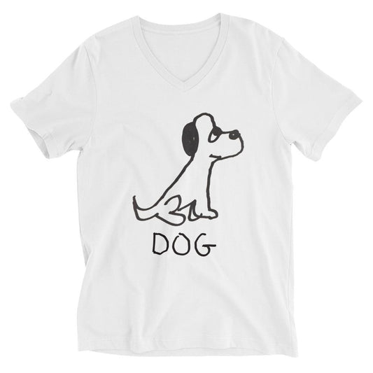 Dog v-neck graphic tee in white – minimalist dog design – LoFi Animal Shirts