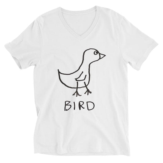 Bird v-neck graphic tee in white – minimalist bird design – LoFi Animal Shirts