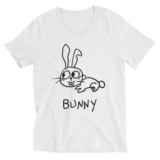 Bunny v-neck graphic tee in white – minimalist bunny design – LoFi Animal Shirts