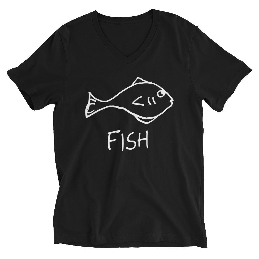 Fish v-neck graphic tee in black – minimalist lofi fish design – LoFi Animal Shirts